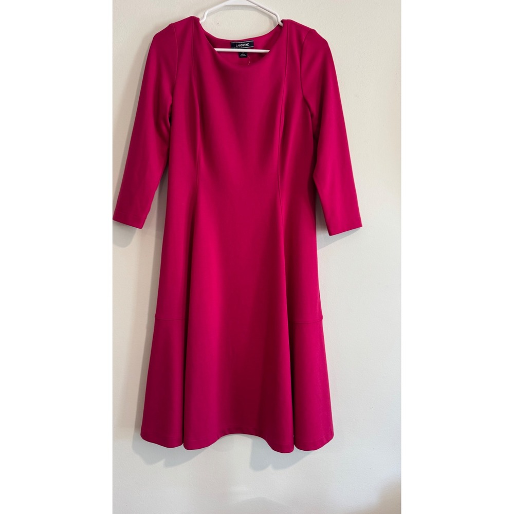 Lands End Fit and Flare Dress Womens Small 6-8 Pink 3/4 Sleeve Knee Length